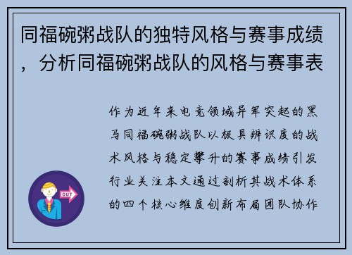 同福碗粥战队的独特风格与赛事成绩，分析同福碗粥战队的风格与赛事表现