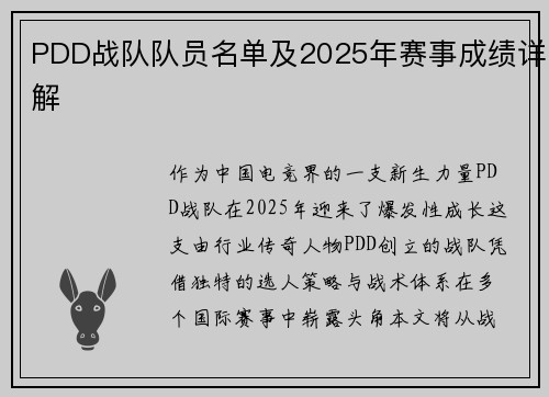 PDD战队队员名单及2025年赛事成绩详解